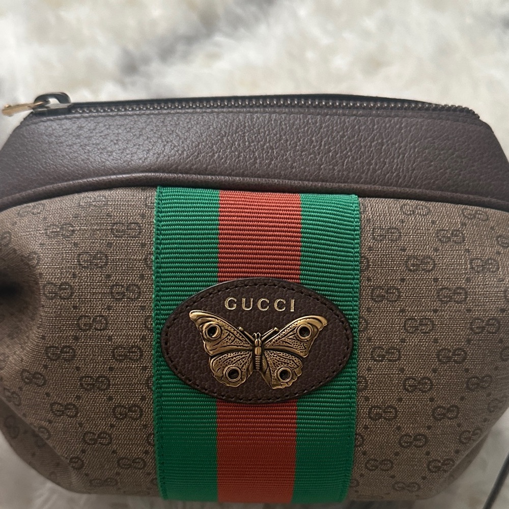 Gucci Brown Monogram Pouch with Green and Red Stripe and Gold Butterfly - Picture 1 of 4